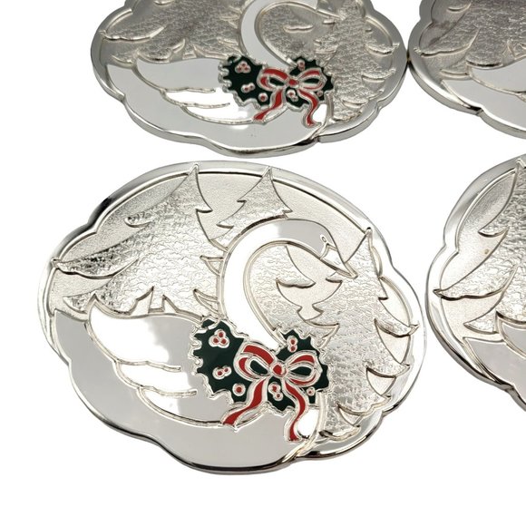 Swan Silver Plated Enamel Coasters 1987 Wm A Rogers Set of 6 Oneida Holliday - Picture 3 of 10